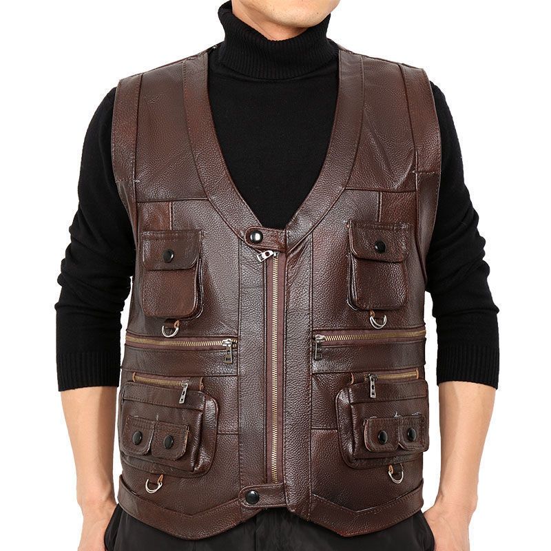 Motorcycle Gear Vest - Cowhide Genuine Leather Vest Waistcoat Male